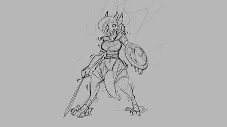 anthro big_breasts biped breasts clothing digitigrade female genitals grey_background hair horn melee_weapon navel non-mammal_breasts open_mouth shield simple_background solo standing surprised sword tail torn_clothing transformation vulva weapon watsup mythology dragon mythological_creature mythological_scalie scalie 16:9 2018 digital_drawing_(artwork) digital_media_(artwork) monochrome widescreen