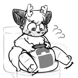 anthro antlers bdsm blush bondage bound confusion diaper horn lock_symbol locking_diaper_cover male on_toilet size_difference smaller_male solo struggling waistband_pull ludis-luteo unknown_species 1:1 hi_res monochrome