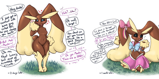 after_transformation angry anthro blue_eyes blush bodily_fluids bottomwear bow_ribbon breasts brown_body brown_fur clothing dialogue female fur gender_transformation kneeling master midriff mtf_transformation pokemon_speak skirt small_breasts smile solo species_transformation speech_bubble surprised sweat sweatdrop text thick_thighs torn_clothing transformation shrubie_fox nintendo pokemon generation_4_pokemon lagomorph lopunny mammal pokemon_(species) absurd_res colored english_text hi_res sequence