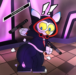 ambiguous_gender anthro beak black_body black_bottomwear black_clothing black_footwear black_hoodie black_pants black_topwear blue_ear_tips bottomwear clean_diaper clothed clothing cloud_emanata club_(weapon) detailed_background diaper diaper_puff diaper_under_clothing dipstick_ears ear_markings emanata exclamation_point eyewear floor footwear goggles goggles_around_neck holding_object holding_weapon hoodie inside logo looking_back mask melee_weapon multicolored_body multicolored_ears narrowed_eyes nightstick pants solo standing text text_box tile tile_floor topwear torn_bottomwear torn_clothing torn_pants wardrobe_malfunction weapon wearing_diaper wearing_mask white_body white_ears yellow_beak zipper hyper423 atlus megami_tensei persona_(series) persona_5 sega lufel avian bird owl 2023 artist_logo english_text hi_res