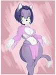 anthro big_breasts breasts cleavage clothed clothing female fur green_eyes hair looking_at_viewer navel purple_body purple_fur purple_hair short_hair side-tie_bottomwear side-tie_clothing skimpy solo standing thick_thighs translucent translucent_clothing under_boob wide_hips usnarbit sega sonic_the_hedgehog_(series) fan_character domestic_cat felid feline felis mammal 2022 hi_res