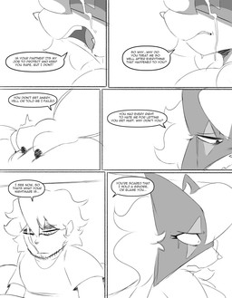 angry anthro bed bedroom bodily_fluids claws clothing crying dialogue duo facial_hair facial_scar fangs female furniture looking_away looking_down male scar scared shirt tears teeth text topwear yelling spicykiwi nintendo pokemon thomas_(spicykiwi) tulip_(spicykiwi) generation_9_pokemon human mammal meowscarada pokemon_(species) absurd_res comic hi_res story