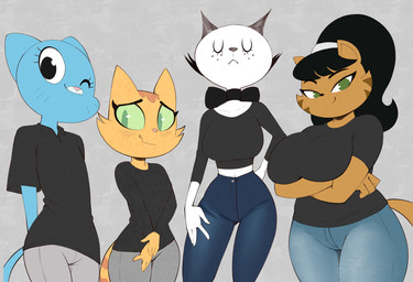 4_fingers accessory alternate_costume anthro arm_under_breasts arms_bent big_breasts big_ears big_eyes big_iris biped black_blush black_bow black_clothing black_ears black_eyebrows black_eyes black_hair black_markings black_nose black_shirt black_topwear black_whiskers blue_body blue_bottomwear blue_clothing blue_ears blue_fur blue_pants blue_tail blush blush_lines blushing_profusely bottomwear bow_(feature) breast_size_difference breasts brown_body brown_fur brown_stripes button_(fastener) cheek_tuft clothed clothed_anthro clothed_female clothing collarbone collared_shirt crossed_arms curved_eyebrows dark_hair dark_markings eyebrows eyelashes eyes_closed facial_markings facial_tuft female fingers flat_chested freckled_face freckles front_view fully_clothed fully_clothed_anthro fully_clothed_female fur fur_tuft glistening glistening_eyes green_eyes green_sclera grey_background grey_bottomwear grey_clothing grey_pants group hair hair_accessory hairband hands_behind_back head_markings huge_hips humanoid_hands iris larger_female legs_together light_body light_fur light_markings long_eyelashes looking_at_viewer markings mature_anthro mature_female medium_hair midriff monotone_hair mouth_closed multicolored_body multicolored_fur muzzle_(marking) neck_bow no_pupils one_eye_closed orange_body orange_ears orange_fur orange_markings orange_stripes orange_tail pants pink_nose pointy_ears pose prick_ears shirt shy simple_background size_difference smaller_female smile smiling_at_viewer smirk smirking_at_viewer snout standing striped_body striped_face striped_fur striped_markings striped_tail stripes tail tail_markings tan_body tan_ears tan_fur tan_inner_ear tan_tail textured_background thick_thighs topwear tuft two_tone_body two_tone_face two_tone_fur whisker_markings whiskers white_body white_fur white_hairband white_markings white_sclera wide_hipped_anthro wide_hipped_female wide_hips wink winking_at_viewer cutegraphite cartoon_network litterbox_comics nickelodeon t.u.f.f._puppy the_amazing_world_of_gumball the_complex_adventures_of_eddie_puss fran_(litterbox_comics) mother_puss mrs._katswell nicole_watterson domestic_cat felid feline felis mammal tabby_cat 2026 crossover digital_drawing_(artwork) digital_media_(artwork) hi_res