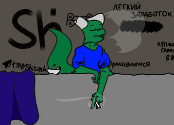 anthro cigarette graffiti graffiti_on_wall green_body male smoking shisimk lizard reptile scalie hi_res