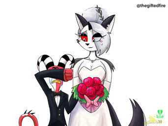 anthro armwear bare_shoulders black_clothing black_suit blush bodily_fluids bouquet bow_tie breasts bride cleavage clothed clothing covering covering_eyes covering_face crying dress elbow_gloves female flower fur gloves grey_hair hair handwear horn jewelry male necklace notched_ear plant red_body red_sclera red_skin rose_(flower) simple_background strapless_clothing strapless_dress striped_horn stripes suit tail tears teeth text tied_hair translucent translucent_hair twitter_handle wedding wedding_dress white_background white_body white_fur yellow_teeth thegiftedfire hellaverse helluva_boss mythology blitzo_(helluva_boss) loona_(helluva_boss) canid canid_demon canine demon hellhound humanoid imp mammal mythological_canine mythological_creature 2025 artist_name hi_res adopted_(lore) adopted_daughter_(lore) adoptive_father_(lore) daughter_(lore) father_(lore) father_and_child_(lore) father_and_daughter_(lore) parent_(lore) parent_and_child_(lore) parent_and_daughter_(lore)