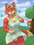 anthro blue_eyes breasts clothed clothing collarbone covering covering_mouth dress duo exclamation_point eyewear female female/female food_print fur genitals grass hair male no_underwear open_mouth outside plant pussy sky smile solo_focus sunglasses surprise tongue tree wardrobe_malfunction wind bilabee animal_crossing nintendo audie_(animal_crossing) canid canine canis human mammal wolf 2020 absurd_res digital_media_(artwork) hi_res