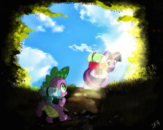 anthro backpack clearing cloud container cup cutie_mark dirt female feral flower forest grass green_eyes group hair happy hiking horn light male multicolored_hair plant pupils purple_eyes quadruped rock saddle_bag sky slit_pupils smile spikes spikes_(anatomy) sunlight tail tree wings dsana friendship_is_magic hasbro my_little_pony mythology spike_(mlp) twilight_sparkle_(mlp) dragon equid equine mammal mythological_creature mythological_equine mythological_scalie scalie winged_unicorn 2017