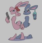 blue_body blue_eyes digital_media_(artwork) female feretta gun hi_res honey_bunny_(g-bun) lagomorph leporid looking_at_viewer male mammal pink_body pink_eyes rabbit ranged_weapon simple_background tack_l_bunny the_g-bun_chronicles weapon