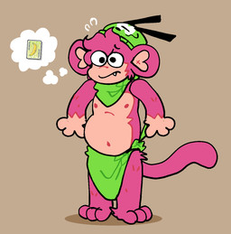 anthro beanie belly bottomwear clothing fur hat headgear headwear kerchief loincloth male monkey_tail navel neckerchief neckwear nipples pink_body pink_fur sentient_clothing simple_background slightly_chubby solo tail pawplants balatro madd_(pawplants) haplorhine mammal monkey primate nonbinary_(lore)