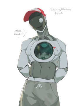 appliance bottomwear clothing hands_behind_back heart_symbol hole_in_chest laundry_machine machine male muscular pants simple_background solo text washing_machine white_background kogito humanoid robot robot_humanoid absurd_res english_text hi_res