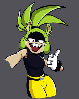 anthro black_lipstick bracelet clothing countershade_face countershading ear_piercing female gloves hair handwear jewelry lipstick looking_at_viewer makeup open_mouth piercing ring sharp_teeth simple_background solo studded_bracelet studded_jewelry studs teeth tied_hair torn_clothing torn_sleeves invdrscar idw_publishing sega sonic_the_hedgehog_(comics) sonic_the_hedgehog_(idw) sonic_the_hedgehog_(series) surge_the_tenrec afrosoricid mammal tenrec
