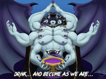 3_heads 4_eyes 6_arms belly_mouth blue_body bodily_fluids clothing container cup eyewear glasses goblet grin grinning_at_viewer holding_container holding_cup holding_goblet holding_object hood imminent_transformation lactating looking_at_viewer male male_lactation multi_arm multi_eye multi_head multi_limb offering_beverage offering_to_viewer purple_milk robe smile smiling_at_viewer solo spread_arms spread_wings talking_to_viewer text tongue tongue_out unusual_bodily_fluids unusual_lactation welcoming wings corinoch_(artist) humanoid monster monstrous_humanoid 4:3 hi_res