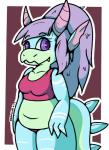 anthro breasts cleavage clothed clothing female hair horn looking_at_viewer midriff non-mammal_breasts purple_eyes shirt slightly_chubby solo tail tank_top topwear neonlink mythology dragon mythological_creature mythological_scalie scalie