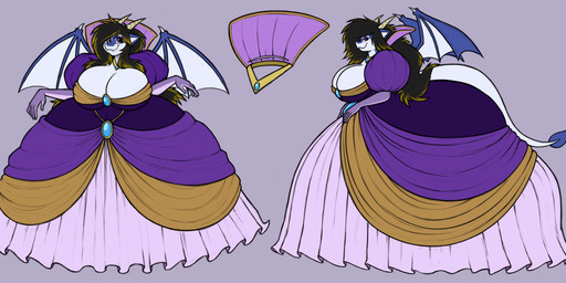 anthro armwear ball_gown big_breasts black_hair breasts bustle clothing collar drape dress elbow_gloves female frilly frilly_clothing gloves hair handwear highlights_(coloring) horn huge_breasts jewelry juliet_sleeves long_hair membrane_(anatomy) membranous_wings non-mammal_breasts princess royalty sleeves solo tail wings thetunafish mythology swissy dragon mythological_creature mythological_scalie scalie absurd_res hi_res model_sheet