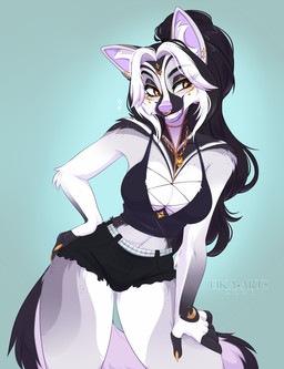 anthro biped bottomwear breasts claws clothed clothed_anthro clothed_female clothing countershade_torso countershading ear_piercing female fingers front_view fully_clothed fully_clothed_anthro fully_clothed_female fur hair inner_ear_fluff navel piercing simple_background smile solo standing tail teeth topwear tuft ei-ka canid canine fox mammal 2026 digital_drawing_(artwork) digital_media_(artwork) hi_res