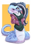 amber_eyes anthro black_hair breasts clothing female forked_tongue hair hair_to_side hand_in_pocket hoodie long_hair multicolored_hair non-mammal_breasts pockets tongue tongue_out topwear two_tone_hair witchtaunter kaya_(witchtaunter) reptile scalie snake 2024 absurd_res hi_res