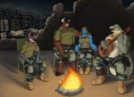 5_fingers anthro athletic athletic_anthro athletic_female athletic_male barefoot beard black_hair black_nose blue_body blue_scales boots bottomwear bra breasts brown_body brown_fur camo campfire city claws clothed clothing dog_tags facial_hair facial_markings feet female finger_claws fingers firelight footwear fur green_body green_scales grey_body grey_fur group guitar hair head_markings hooves humanoid_hands jewelry male male/female markings military_uniform musclegut muscular muscular_anthro muscular_male musical_instrument necklace night open_mouth open_smile pants playing_guitar playing_music plucked_string_instrument red_hair relaxing scales shirt shoes sitting smile string_instrument t-shirt tail tank_top topless topless_anthro topless_male topwear underwear uniform hamili blinkblinkblink mythology ahriman_harken elspeth_horstmann logan_sarikblod maicon_naolin_mundi bovid bovine canid canine canis cattle crocodile crocodilian dragon mammal mythological_creature mythological_scalie reptile scalie wolf hi_res