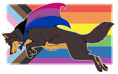 black_nose blue_eyes border brown_body brown_fur cape clothing demibisexual_pride_colors feral fur jumping lgbt_pride male nails pride_color_background pride_color_cape pride_color_clothing pride_colors progress_pride_colors simple_background smile solo tail white_border sterlingkato canid canine canis domestic_dog mammal