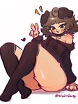 anthro butt clothing exposed_shoulder female gesture hand_gesture heart_symbol legwear looking_at_viewer sitting smile smiling_at_viewer solo stockings sweater topwear v_sign vivimiany mimi_(typh) canid canine canis domestic_dog mammal hi_res