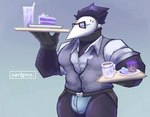 anthro biped butler cake clothing collar container cup dessert dress_shirt eyes_closed eyewear food glass glass_container glass_cup glasses jockstrap male mask muscular muscular_anthro muscular_male shirt solo topwear underwear vest ubecreamcake deltarune undertale_(series) swatchling hi_res