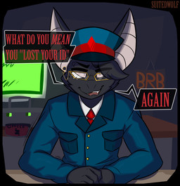 5_fingers angry anthro big_ears black_body black_fur black_hair brb button_(fastener) clothing cross-popping_vein detailed_background dialogue electronics eye_through_hair eyebrow_through_hair eyebrows eyewear fangs fingers fur furniture gameplay_mechanics glasses gold_glasses gold_piercing green_clothing green_jacket green_topwear green_uniform hair hands_on_table hat headgear headwear humanoid_hands id_card inside jacket looking_at_viewer male markings monitor motion_lines necktie office open_mouth piercing quotation_marks red_necktie screen_glow shaking sitting solo speech_bubble table talking_to_viewer teeth text topwear translucent translucent_hair white_body white_fur white_markings suitedwolfie space_station_13 cain_(suitedwolfie) bat mammal 2025 digital_drawing_(artwork) digital_media_(artwork) english_text hi_res shaded watermark