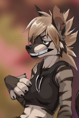 annoyed anthro bangs black_claws black_clothing black_eyebrows black_hoodie black_nose black_topwear blonde_hair blurred_background breasts brown_markings brown_stripes cheek_tuft claws clothing cropped_hoodie eyebrows facial_tuft fangs female fur green_eyes hair hoodie inner_ear_fluff long_snout markings medium_breasts short_hair snout solo striped_body striped_fur striped_markings stripes tan_body tan_fur teeth topwear tuft azzai hyena mammal striped_hyena 2019 colored colored_sketch digital_drawing_(artwork) digital_media_(artwork) half-length_portrait portrait shaded sketch