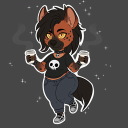 anthro black_hair bracelet clothed clothed_anthro clothing coffee_cup collar container cup female footwear fur hair holding_coffee_cup holding_container holding_cup holding_object jewelry legwear markings shoes simple_background slightly_chubby solo spiked_bracelet spiked_collar spikes spots spotted_body spotted_fur topwear meowscapade hyena mammal 1:1 hi_res