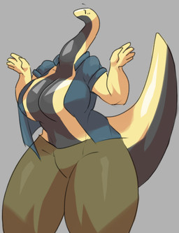 5_fingers anthro big_breasts biped black_body bottomwear breasts clothed clothing exposed_breasts featureless_breasts female fingers floating_eyebrows green_bottomwear green_clothing green_pants grey_background huge_breasts humanoid_hands long_neck long_tail multicolored_body non-mammal_breasts open_clothing open_shirt open_topwear pants shirt simple_background solo standing tail teal_clothing teal_shirt teal_topwear thick_tail thick_thighs topwear two_tone_body wide_hips yellow_body psznnp lizard reptile scalie 2020 digital_drawing_(artwork) digital_media_(artwork)