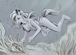 accident accidental_exposure anthro breasts bubble clothed clothing dress exposed_breasts female hair kelp long_hair nipple_outline nipples seashell seaweed shell side_view solo swimming underwater wardrobe_malfunction water ronff equid equine horse mammal 2021 greyscale monochrome signature