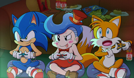 anthro blue_body blue_eyes blue_fur blue_hair blush blush_stickers bottomwear bow_tie canon_x_oc chili_dog chips_(food) clothed clothing controller crossed_legs dark dark_room focused food footwear fur furniture game_controller gaming gloves green_eyes group hair handwear hat headgear headwear hot_dog joycon_controller living_room male nintendo_controller open_mouth pillow playing_video_game potato_chips shoes shorts sitting smile sofa teeth tongue tongue_out toony top_hat topless yellow_body gaminggoru nintendo nintendo_switch pocky sega sonic_the_hedgehog_(series) gaminggoru_(character) gigi_(gaminggoru) miles_prower sonic_the_hedgehog canid canine eulipotyphlan fox hedgehog human humanoid mammal 2020 hi_res