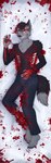 angry anthro bared_teeth barefoot black_body black_fur blood blood_on_chest blood_on_face blood_on_pants blood_on_tail blood_splatter blood_stain bodily_fluids bottomwear bullet_wound clothing dakimakura dakimakura_design excessive_blood exposed_bone exposed_ribcage facial_scar feet fur glowing glowing_eyes glowing_hands gore grey_body grey_fur growling looking_at_viewer lying male on_side pants red_eyes scar shirtless solo stab_wound wounded toynako strays_in_paradise dark_matter_(li'l_melon) canid canine mammal unknown_species absurd_res hi_res