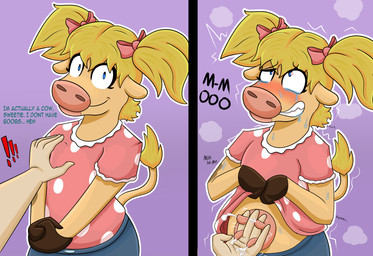 animal_noises anthro blush bodily_fluids duo female human_on_anthro interspecies male male/female mooing pigtails tears teats udder_milking udders weirdkoaladream barnyard_(series) nickelodeon abby_(barnyard) bovid bovine cattle human mammal absurd_res hi_res