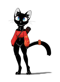 3_fingers 3_toes accessory anthro backpack barefoot black_body black_fur blue_eyes bottomless breasts chest_tuft claws clothed clothing feet female fingers fur furgonomics jewelry navel red_clothing shadow simple_background solo standing tail tail_accessory tail_jewelry toe_claws toes topwear tuft white_background white_nose miakameron domestic_cat felid feline felis mammal digital_media_(artwork) full-length_portrait hi_res portrait shaded