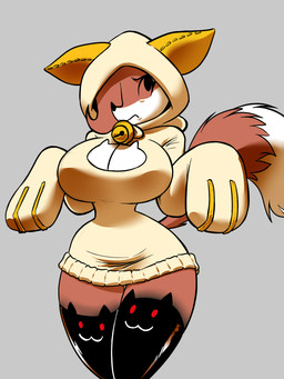anthro bell breasts brown_body brown_fur brown_hair cleavage cleavage_cutout clothed clothing cosplay cutout female female_anthro frown fur grey_background hair hoodie jingle_bell legwear simple_background solo stockings tan_body tan_fur topwear unimpressed chochi arc_system_works blazblue auntie_vixen taokaka canid canine fox mammal red_fox true_fox 2025 3:4 hi_res