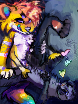 4_arms 4_legs andromorph anthro anthro_on_anthro anthro_penetrated anthro_penetrating anthro_penetrating_anthro big_clitoris black_sclera blue_tongue bodily_fluids buckteeth clitoris duo erection fur genitals intersex intersex/male male male_penetrating markings multi_arm multi_limb multicolored_tail nude open_mouth orange_markings penetration penile penis purple_eyes purple_penis rainbow_tail raised_foot raised_leg sex simple_background smile tail teeth tongue white_body white_fur yellow_body yellow_fur pinatareaper arthropod canid canine canis domestic_dog mammal murid murine rat rodent absurd_res digital_media_(artwork) hi_res