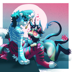 abstract_background anthro bedroom_eyes blue_body claws clock duo erection feet foot_focus fur genitals glowing glowing_eyes heart_symbol holding_pocketwatch horn humanoid_genitalia humanoid_penis hypnosis hypnotic_eyes kneeling kneeling_oral_position male male/male mind_control multicolored_body multicolored_fur narrowed_eyes nude open_mouth pawpads paws pendulum penis pocketwatch ringed_eyes seductive spade_tail submissive tail teal_body thick_thighs tongue tongue_out watch master_casin0 mythology dragon felid mammal mythological_creature mythological_scalie pantherine scalie tiger 1:1 hi_res