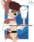 anthro clothed clothing crossdressing erection femboy fur genitals green_eyes hair humanoid_genitalia humanoid_penis male penis smile solo waiter young young_anthro smoothlabs canid canine mammal 4:5 hi_res