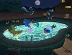 anthro detailed_background group night party playing pool_party pool_toy water gazuki canid canine canis domestic_dog felid feline fish fox lynx mammal marine mephitid shark skunk absurd_res hi_res