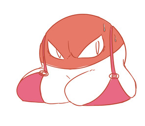 bikini bikini_top bodily_fluids bra breast_squish breasts busty_feral clothing female feral furrowed_brow mouthless multicolored_body non-mammal_breasts noseless not_furry red_body round_body solo squish sweat swimwear tense two-piece_swimsuit two_tone_body underwear white_body thrussywizard nintendo pokemon generation_1_pokemon pokemon_(species) voltorb flat_colors