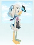 4_fingers anthro beak biped bottomless clothed clothing eyewear eyewear_on_head female fingers fur goggles goggles_on_head hair side_view simple_background solo standing white_body white_fur yellow_beak pizdecsuqa disney ducktales ducktales_(2017) della_duck ambient_arthropod anatid anseriform arthropod avian bird butterfly duck insect lepidopteran 2018 full-length_portrait hi_res portrait