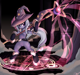 armor cape checkered checkered_floor clothing column cutie_mark electricity female gauntlets gem gloves glowing hair handwear hat headgear headwear magic magic_circle magic_user melee_weapon occult_symbol pentacle pentagram polearm purple_eyes rock sapphire_(gem) semi-anthro solo spell staff symbol tail weapon white_hair wizard_hat ponykillerx friendship_is_magic hasbro my_little_pony trixie_(mlp) equid equine horse mammal pony 2012 hi_res signature