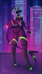 2021 5_fingers anthro biomechanical black_and_green butt city city_background elepatrium_universe female fingers glowing glowing_eyes glowing_markings glowing_nipples green_cheeks green_eyes hair hi_res holivi hooves long_tail looking_back markings mecha_(elepatrium) neon neon_lights night nipples plane_wings segmented_arms segmented_body segmented_legs solo tail tongue tongue_out white_hair xfa-21_jane