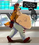 airport anthro bottomwear clothing cuff_(restraint) digestion duo male male_pred metal_cuffs nationality_assimilation pants restraints rumbling_stomach shirtless text unwilling_prey vore walking wildside wild_(wildside) felid feline hyena mammal 2019 english_text hi_res