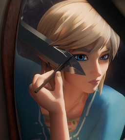 applying_makeup blonde_hair blue_eyes clothed clothed_humanoid clothed_male clothing ear_piercing ear_ring femboy front_view hair humanoid_hands humanoid_pointy_ears makeup male male_humanoid melee_weapon not_furry personal_grooming piercing pointy_ears ring_piercing solo sword tan_body tan_skin topwear weapon fugtrup nintendo the_legend_of_zelda link humanoid hylian 2026 absurd_res hi_res