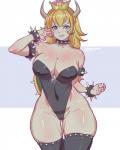 2_horns alternate_species big_breasts blonde_hair blue_eyes breasts cleavage clothed clothing collar crossgender crown ear_piercing female hair headgear horn humanoidized legwear leotard mtf_crossgender piercing solo super_crown thigh_highs bokuman bowsette_meme mario_bros nintendo bowser animal_humanoid humanoid koopa scalie meme