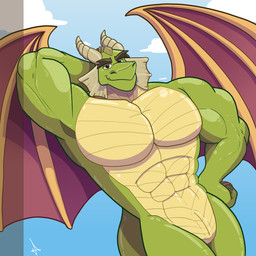 abs animal_genitalia anthro big_muscles blue_sky cloud countershade_neck countershade_torso countershading eyebrows frill_(anatomy) genital_slit genitals green_body hand_on_hip horn leaning looking_at_viewer male membrane_(anatomy) membranous_wings multicolored_body muscular muscular_anthro muscular_male nude outside pecs raised_arm scales simple_background sky smile solo standing thick_eyebrows two_tone_body ventral_scales wings yellow_body yellow_countershading mospy_(artist) activision mythology spyro_reignited_trilogy spyro_the_dragon nestor_(spyro) rescued_dragons_(spyro) dragon mythological_creature mythological_scalie scalie 1:1 hi_res