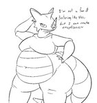 2019 anthro belly belly_overhang belly_scales big_belly big_breasts biped black_and_white breasts countershading dialogue digital_drawing_(artwork) digital_media_(artwork) english_text eyelashes facial_horn featureless_breasts female female_anthro front_view generation_1_pokemon hand_behind_head hand_behind_own_head hand_on_hip hand_on_own_hip head_spikes horn looking_at_viewer monochrome navel nintendo non-mammal_breasts non-mammal_navel nose_horn nude nude_anthro nude_female obese obese_anthro obese_female overweight overweight_anthro overweight_female pokemon pokemon_(species) pokemorph portrait pose rhydon scales simple_background snaggle_tooth solo spikes spikes_(anatomy) spiral_horn standing tail text thatoneaceguy thick_tail thick_thighs three-quarter_portrait three-quarter_view tilde_after_text white_background