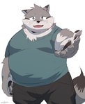 anthro belly black_nose bodily_fluids bottomwear bulge clothing crying humanoid_hands kemono male overweight overweight_anthro overweight_male shirt shorts simple_background solo tears topwear white_background uokkom canid canine mammal 2020 hi_res