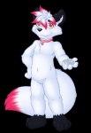 andromorph anthro collar condom genitals hair intersex pink_eyes pink_hair pussy sexual_barrier_device simple_background solo young young_anthro arcc arcc_(character) arctic_fox canid canine fox mammal true_fox alpha_channel