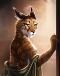 anthro backlighting biped breasts clothed clothing detailed_background ear_piercing ear_ring featureless_breasts female fur light looking_at_viewer piercing rear_view ring_piercing smile solo text tuft conditional_dnp tom_fischbach bethesda_game_studios microsoft morrowind the_elder_scrolls ahnassi felid khajiit mammal 2022 absurd_res adobe_photoshop_(artwork) colored digital_media_(artwork) digital_painting_(artwork) english_text half-length_portrait hi_res lighting portrait